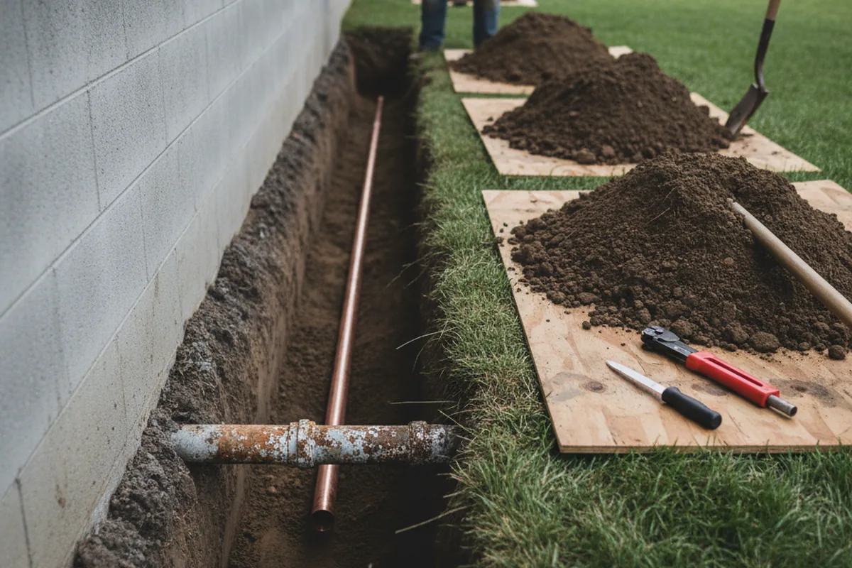 Excavated water line trench during Sewer Line Repair in Inkom